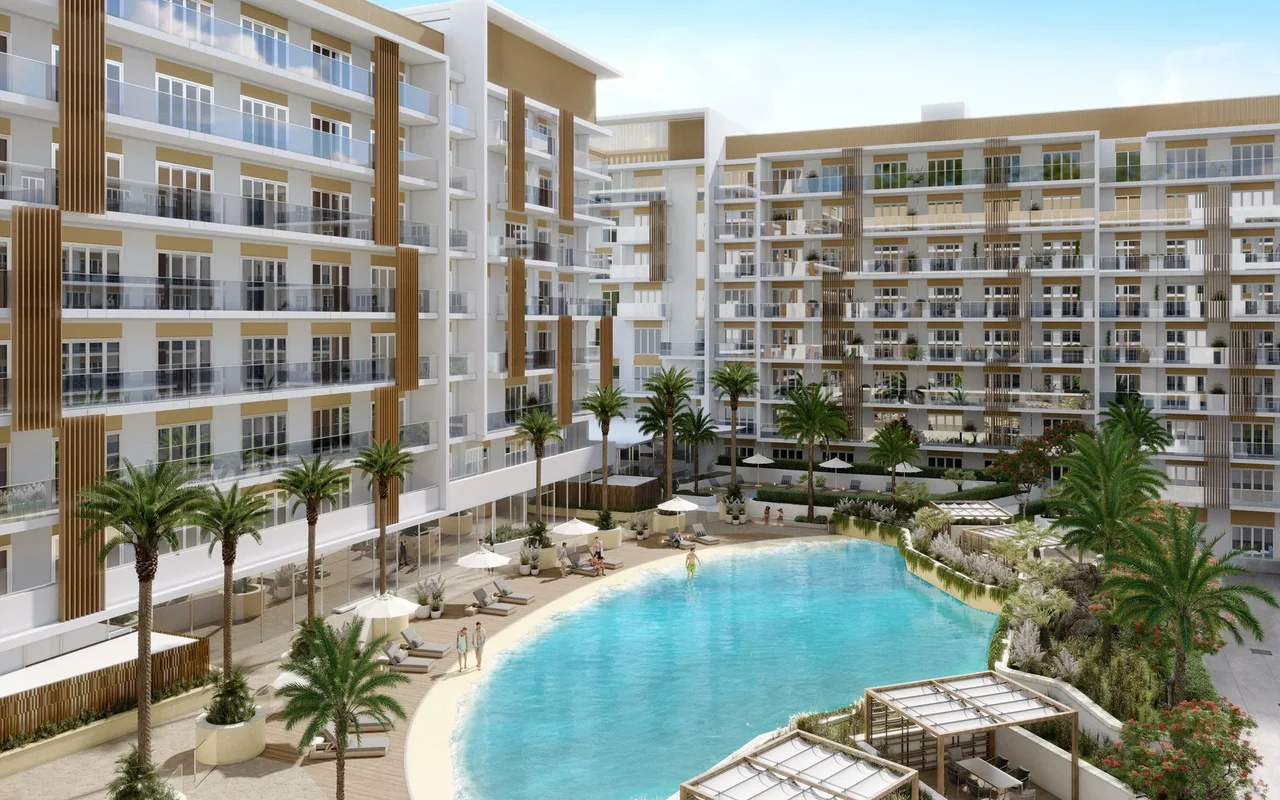 New residence Beach Oasis 2 with a swimming pool and a manmade beach, Dubai Studio City, Dubai, UAE