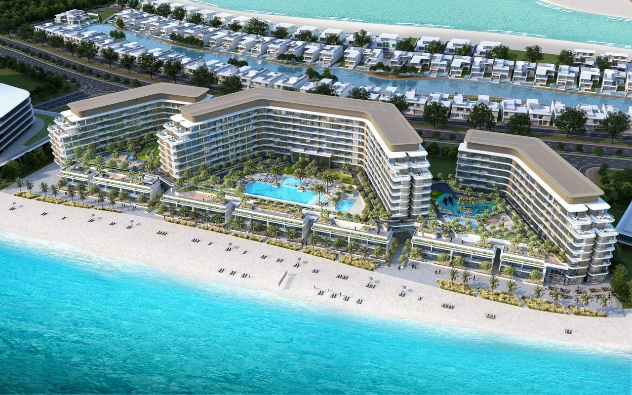 New Selene Beach Residences with a lagoon, a swimming pool and parks, Al Seanneeah, Dubai, UAE