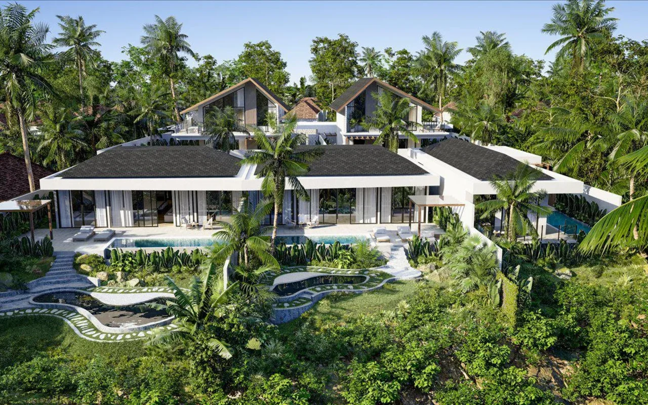 New gated complex of furnished villas surrounded by tropical nature and fields, Ubud, Bali, Indo ...